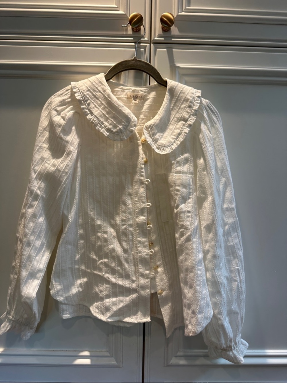 Anthropologie Ivory Button-Up Textured Blouse with Peter Pan Collar